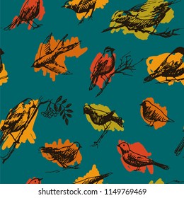 Bright seamless pattern with decorative sketch birds. Vector seamless hand drawn pattern with swallow, pigeon, robin in yellow-red tones on teal background.