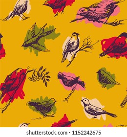 Bright seamless pattern with decorative sketch birds. Vector seamless hand drawn pattern with swallow, pigeon, robin in red-pink tones on yellow background.