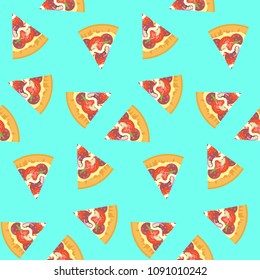 Bright seamless pattern with delicious colorful sliced pizza on blue background. Nice fastfood texture for textile, wallpaper, banner, bar and cafe menu design