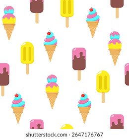 A bright seamless pattern depicting colorful stacked ice cream cones, as well as classic brown and yellow popsicles. This design is suitable for backgrounds, textile designs, gift wrapping,