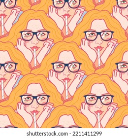 A bright seamless pattern depicting a group of girls with red hair drinking a drink from a striped straw. Design for fabric and wallpaper decor