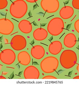 Ein helles, nahtloses Muster, das saftige orangefarbene Tangerinen mit einem Zweig und einem Blatt auf hellgrünem Hintergrund darstellt. Design für die Dekoration von Tapeten und Textilien