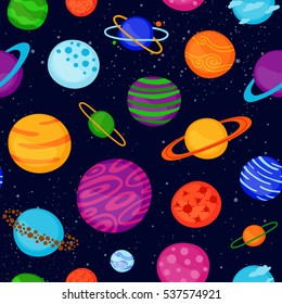 Bright seamless pattern with different cartoon fantastic space planets.