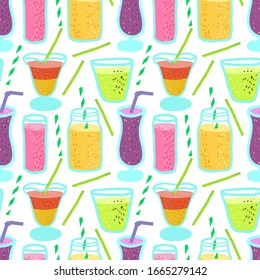 bright seamless pattern with different cocktails in cartoon style. Glasses of different shapes for smoothies. decor for fabric and packaging paper