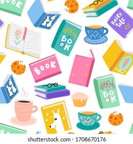 Diseño luminoso y sin fisuras con diferentes libros, tazas y galletas coloridas sobre un fondo blanco. Ilustración vectorial para los niños.