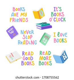Bright seamless pattern with different colorful books, cups and cookies on a white background. Vector illustration for the children.