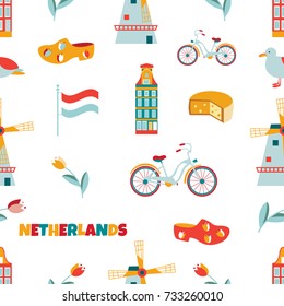 Bright seamless pattern with different elements and landmarks of Netherlands