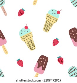Bright seamless pattern different ice cream in a cute hand-drawn style. Vector white background