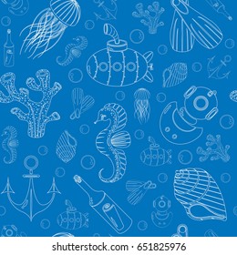 Bright seamless pattern. With diving and underwater world.