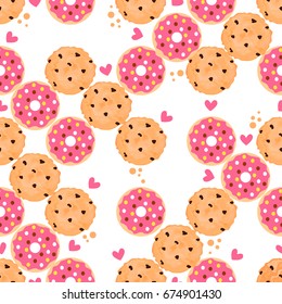 Bright seamless pattern with donuts and cookies. Delicious vector background. 