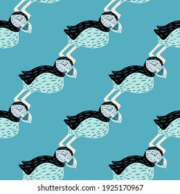 Bright seamless pattern with doodle abstract puffin birds elements. Blue background. Simple doodle backdrop. Flat vector print for textile, fabric, giftwrap, wallpapers. Endless illustration.