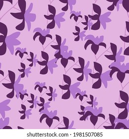 Bright seamless pattern with doodle hawaii tropical flowers silhouettes. Purple and lilac colors. Random print. Designed for fabric design, textile print, wrapping, cover. Vector illustration.