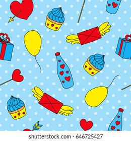 Bright seamless pattern with doodle pop art items.