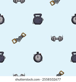 Bright seamless pattern with dumbbells, kettlebell, expander and stopwatch. Vector background for sport, fitness, gym and healthy lifestyle. Hand drawn design for decoration, wrapping paper, print