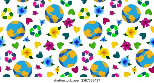 bright seamless pattern for earth day, save nature, planet silhouette with colorful flowers and hearts and recycling sign, white background, web design, paper postcard
