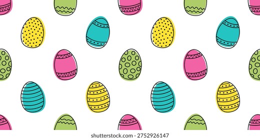 Bright seamless pattern with Easter painted eggs on a white background for textile, fabric, wrapping paper