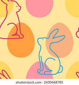 Bright seamless pattern with eggs and rabbits for Easter. Vector illustration.