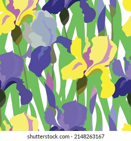 Bright seamless pattern with elements of leaves and flowers. Grass and irises. Yellow, blue, purple. Summer floral decorative print. Suitable for textiles, fashion, wrapping paper, wallpaper.