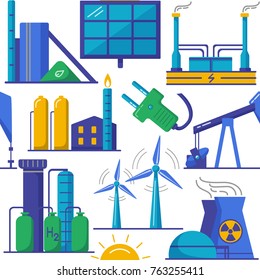 Bright seamless pattern with energy production and ecology symbols in flat style.