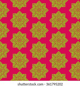 Bright seamless pattern with ethnic green rosettes on a pink background. Vector illustration
