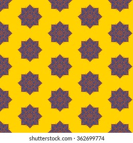 Bright seamless pattern with ethnic rosettes on a yellow background. Vector illustration