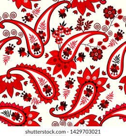 Bright seamless pattern in ethnic style with red paysley and flowers on very light yellow background. Russian, indian, turkish motifs.