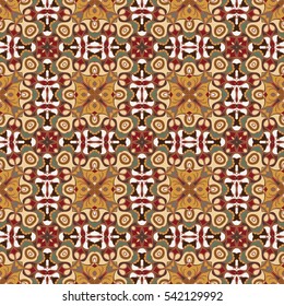 Bright seamless pattern in ethnic style. Ornament of symmetrical elements for the decor. Vector illustration.