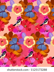 Bright seamless pattern with exotic flowers and cute birds in vector. Print for fabric, paper, wallpaper, wrapping design.