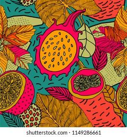 Bright seamless pattern with exotic fruits and geometric shapes.