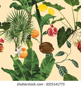 Bright seamless pattern with exotic fruits and leaves. Realistic style, hand drawn. Background for prints, fabric, invitation cards, wedding decoration, wallpapers.