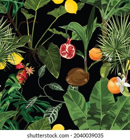 Bright seamless pattern with exotic fruits and leaves. Realistic style, hand drawn. Background for prints, fabric, invitation cards, wedding decoration, wallpapers.