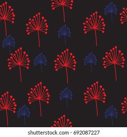 Bright seamless pattern, a fan-like twig with seeds painted in a naive style, a stylized palm leaf on a dark background, Freehand drawing vector design,for wallpaper, textures, gifts,wrapping paper,
