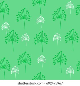 Bright seamless pattern, a fan-like twig with seeds painted in a naive style, a stylized palm leaf on a green background. flower pattern, branch with seeds, buds. Freehand drawing vector design.

