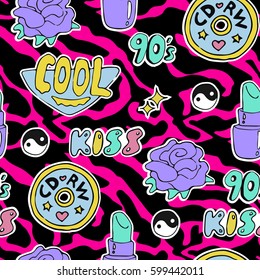 Bright seamless pattern with fashion patch badges CD,rose,lipstick etc on pink zebra print background 80s 90s style.animal print .vector
