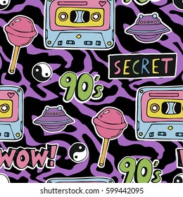 Bright seamless pattern with fashion patch badges -tape,lolipop,ufo etc on violet zebra print background 80s 90s style.animal print .vector
