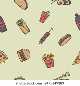 Bright seamless pattern with fast food, cola, burger, kebab. Illustration for background, gift paper and packaging