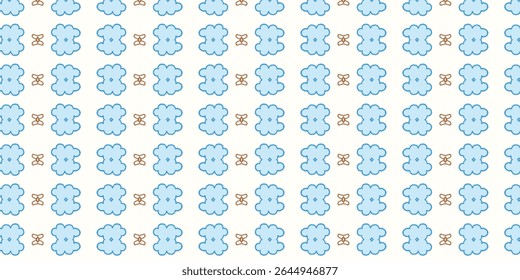 Bright seamless pattern featuring baby blue floral shapes on white with small brown decorative accents. Clean and cheerful for children’s design or digital backgrounds.