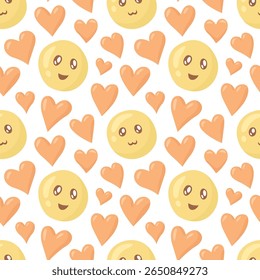 Bright seamless pattern featuring cheerful yellow smiley faces with orange hearts on a white background