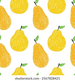 Bright seamless pattern featuring hand-drawn yellow pears with green leaves in a playful, sketchy style.