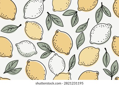 Bright seamless pattern featuring hand-drawn yellow and white lemons with green leaves scattered on a light neutral background.