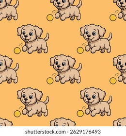 Bright seamless pattern featuring joyful puppies playing with yellow balls on a vivid orange background. This fun and lively design is ideal for children’s apparel, pet products, nursery decor