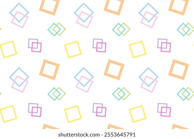 Bright seamless pattern featuring overlapping colorful squares in various sizes on a white background.