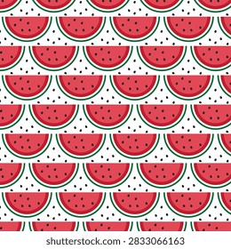 Bright seamless pattern featuring red watermelon slices with black seeds and green rind on white background
