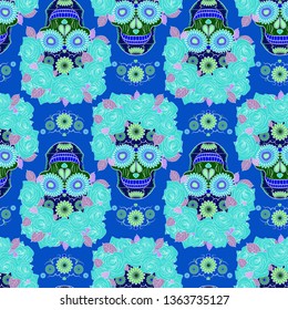 bright seamless pattern featuring skull painted in Mexican tradition for Day of the dead and Day of angels