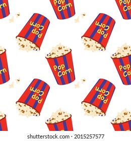 Bright seamless pattern with a festive box with popcorn. Print for cinema, theatre, film industry and holidays.