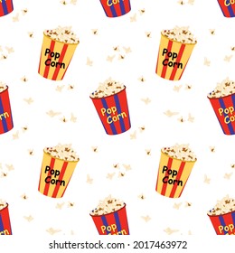 Bright seamless pattern with a festive box with popcorn. Print for cinema, theatre, film industry and holidays.