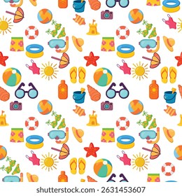 A bright seamless pattern filled with diverse summer vacation items. Perfect for holiday themes, textiles, and lively background designs.