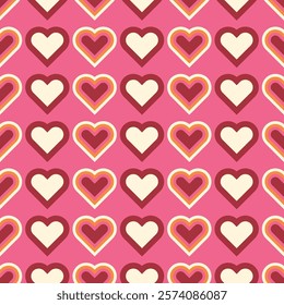 Bright seamless pattern filled with hearts in pink, red, and pastel yellow shades. Colorful background for love-themed projects, scrapbooking, textiles, bold modern designs, etc.