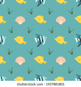 Bright seamless pattern with fish, shells and algae on a blue background. Cute summer nautical print suitable for textiles, wrapping paper and other designs. Vector illustration