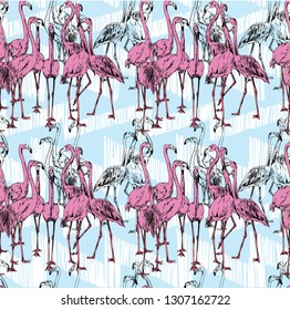 
Bright seamless pattern with flamingo. Ethnic patterns. Freehand drawing, summer background.